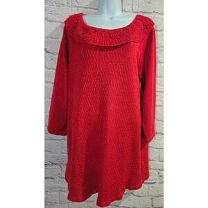 Briggs Red Beaded Scoop Neck 3/4 Sleeves Sweater Top 1X Plus Metallic Thread